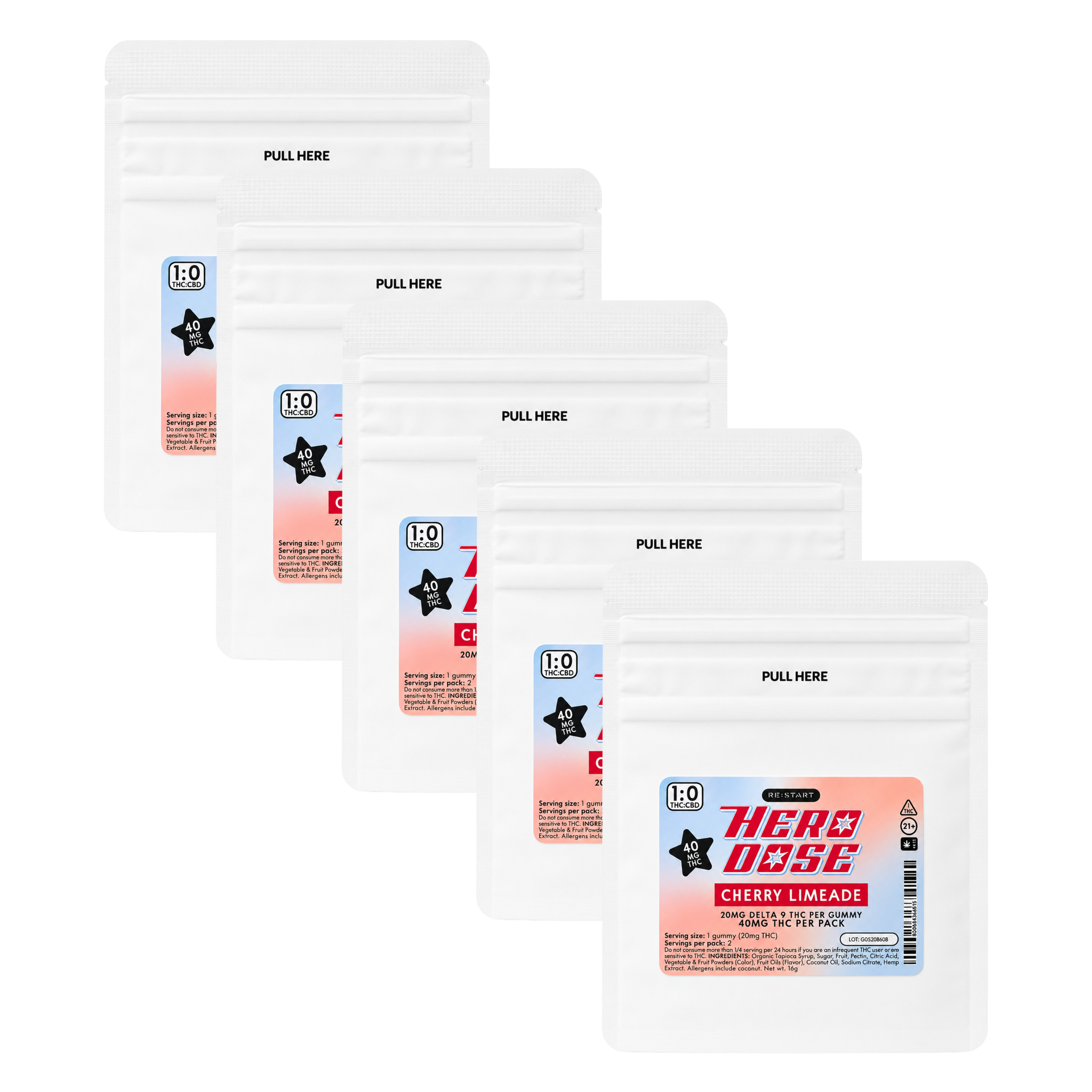 Hero Dose THC 40mg Gummies - Cherry Limeade / 5 x 40MG Sample Packs) (Reg. Price $40)